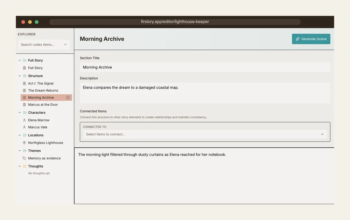 Firstory writing workspace showing story structure and draft context