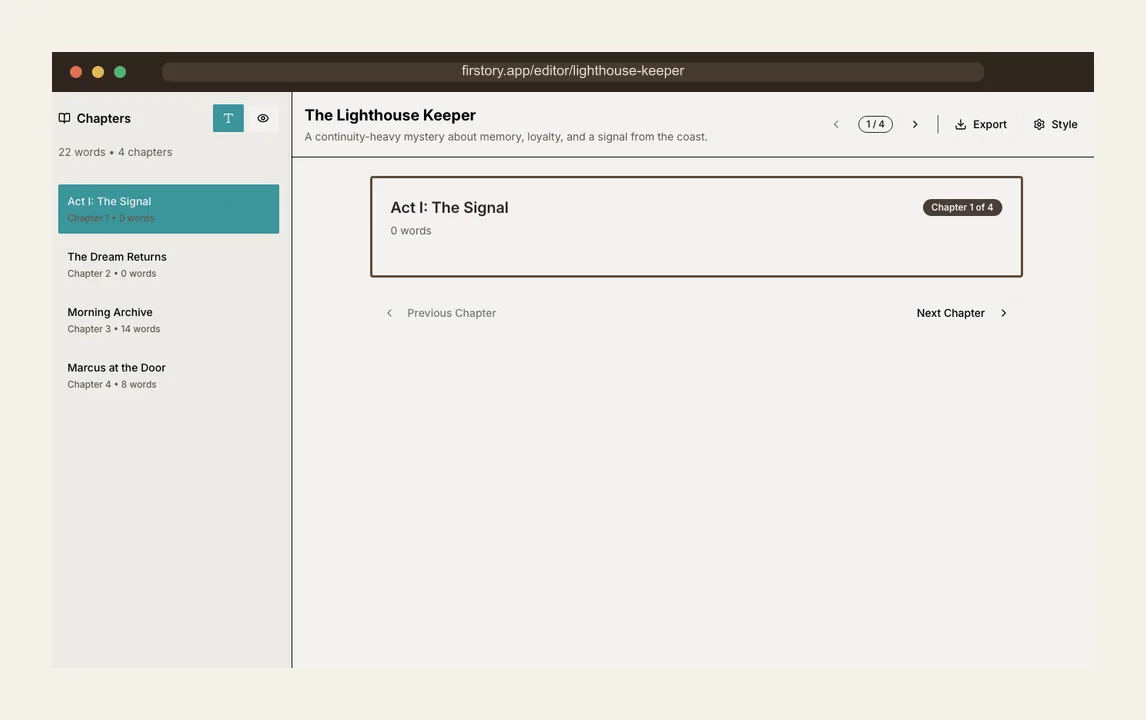 Firstory read mode showing a scene draft and story outline